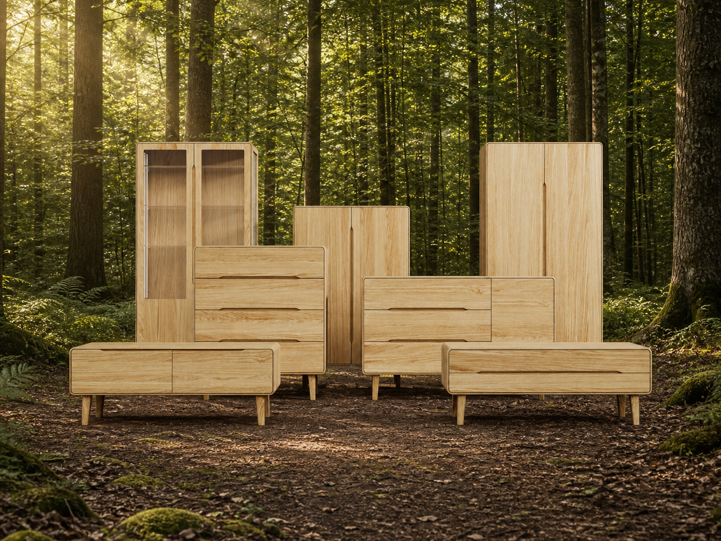 Linea-D Como solid wood collection presented in a forest